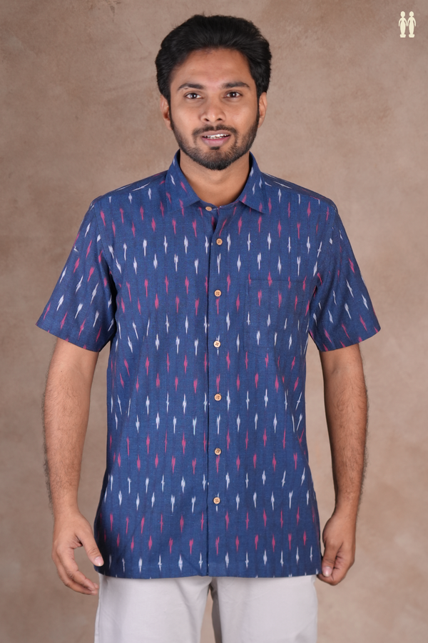 Regular Collar Printed Design Royal Blue Cotton Shirt