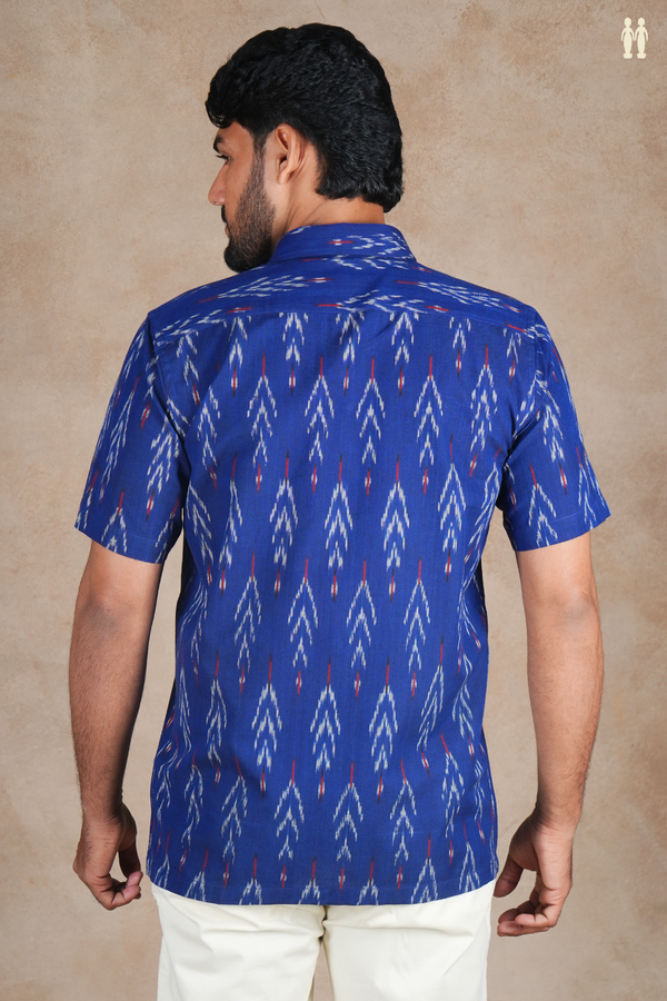 Regular Collar Printed Design Royal Blue Cotton Shirt
