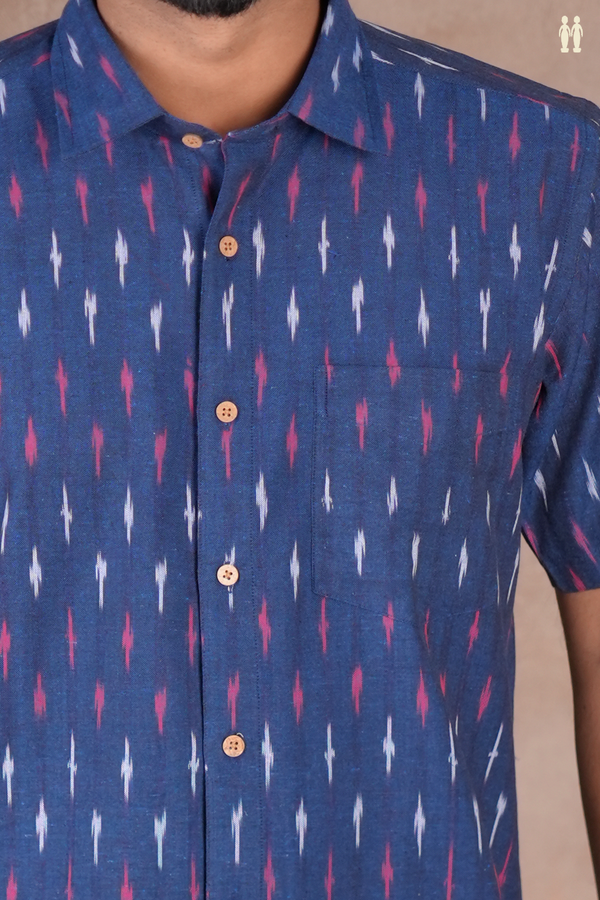 Regular Collar Printed Design Royal Blue Cotton Shirt