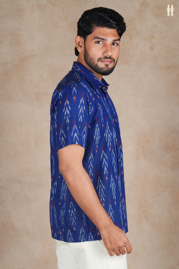 Regular Collar Printed Design Royal Blue Cotton Shirt
