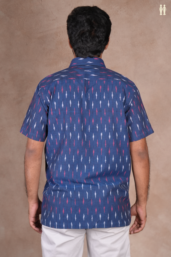 Regular Collar Printed Design Royal Blue Cotton Shirt