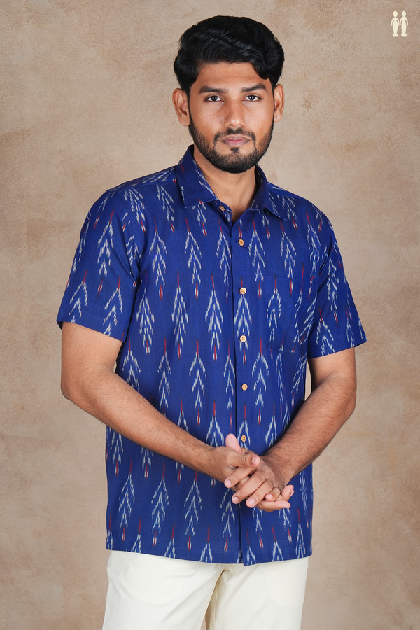 Regular Collar Printed Design Royal Blue Cotton Shirt