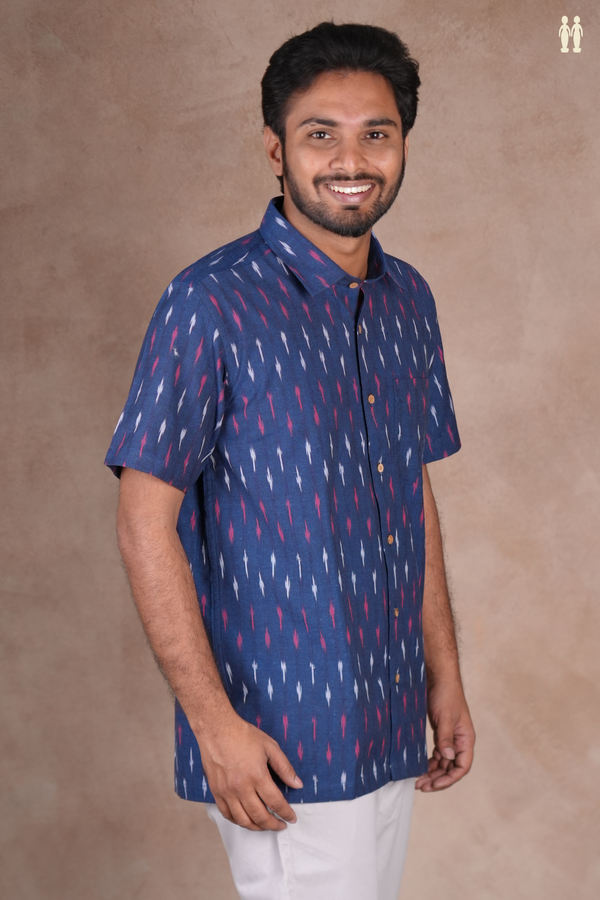 Regular Collar Printed Design Royal Blue Cotton Shirt