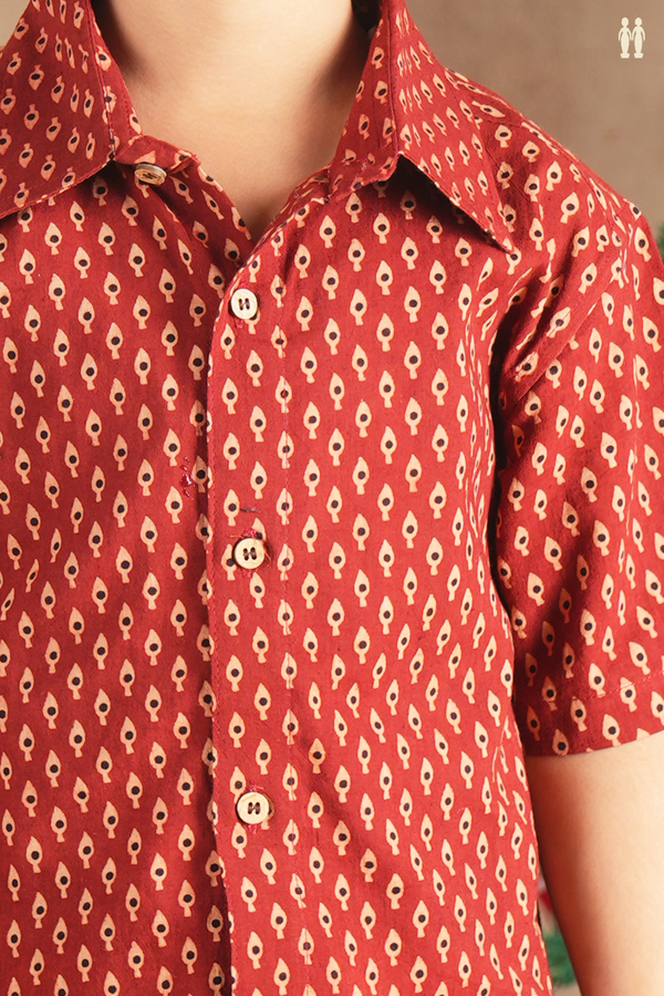 Regular Collar Printed Design Rust Red Cotton Shirt