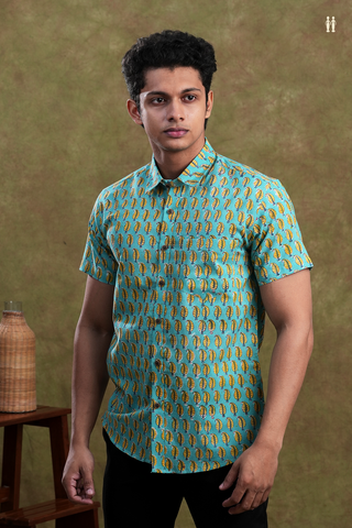 Regular Collar Printed Design Turkish Blue Cotton Shirt