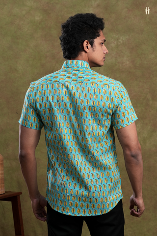 Regular Collar Printed Design Turkish Blue Cotton Shirt