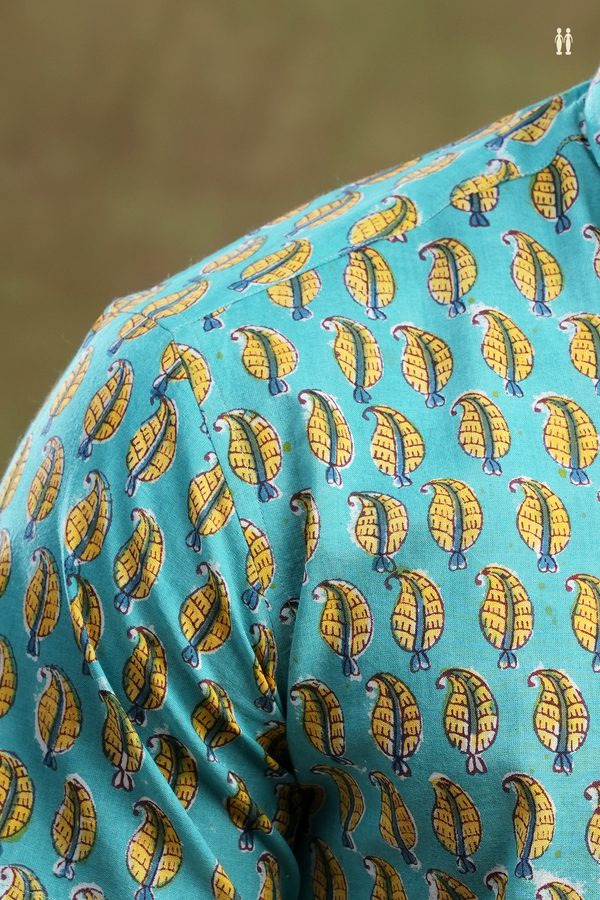 Regular Collar Printed Design Turkish Blue Cotton Shirt