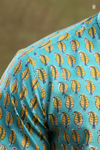 Regular Collar Printed Design Turkish Blue Cotton Shirt