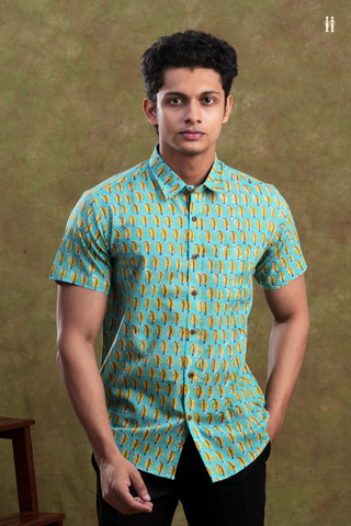 Regular Collar Printed Design Turkish Blue Cotton Shirt
