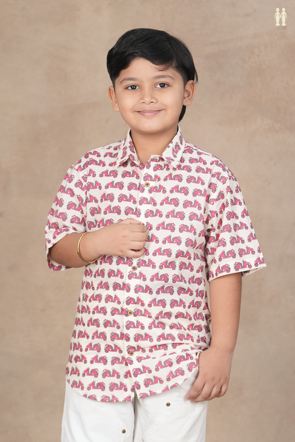 Regular Collar Printed Design White Cotton Shirt