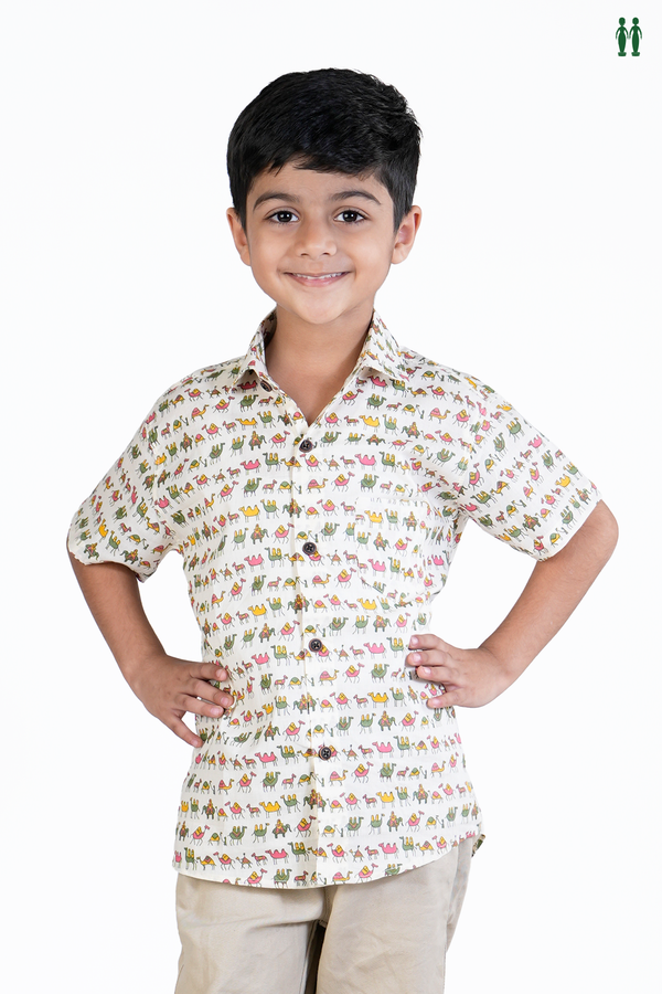Regular Collar Printed Design White Cotton Shirt