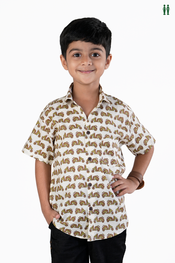 Regular Collar Printed Design White Cotton Shirt