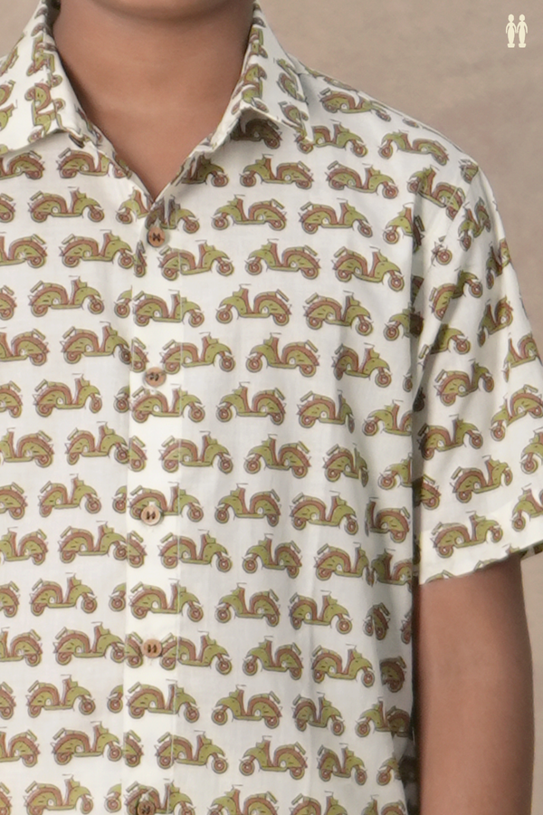 Regular Collar Printed Design White Cotton Shirt
