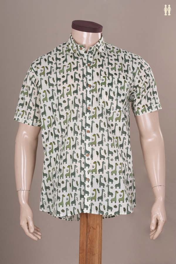 Regular Collar Printed Design White Cotton Shirt