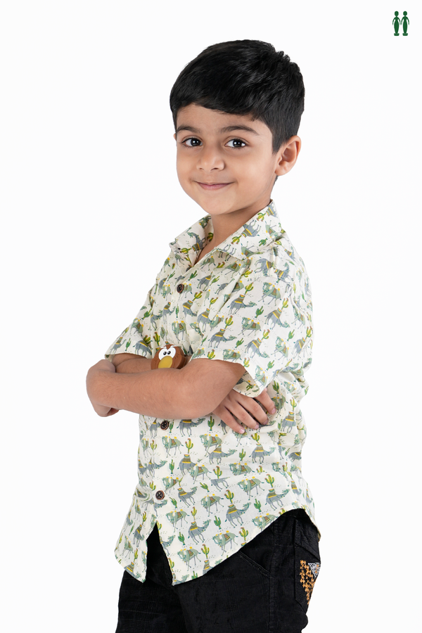 Regular Collar Printed Design White Cotton Shirt