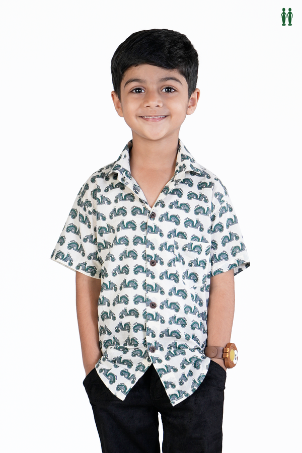 Regular Collar Printed Design White Cotton Shirt