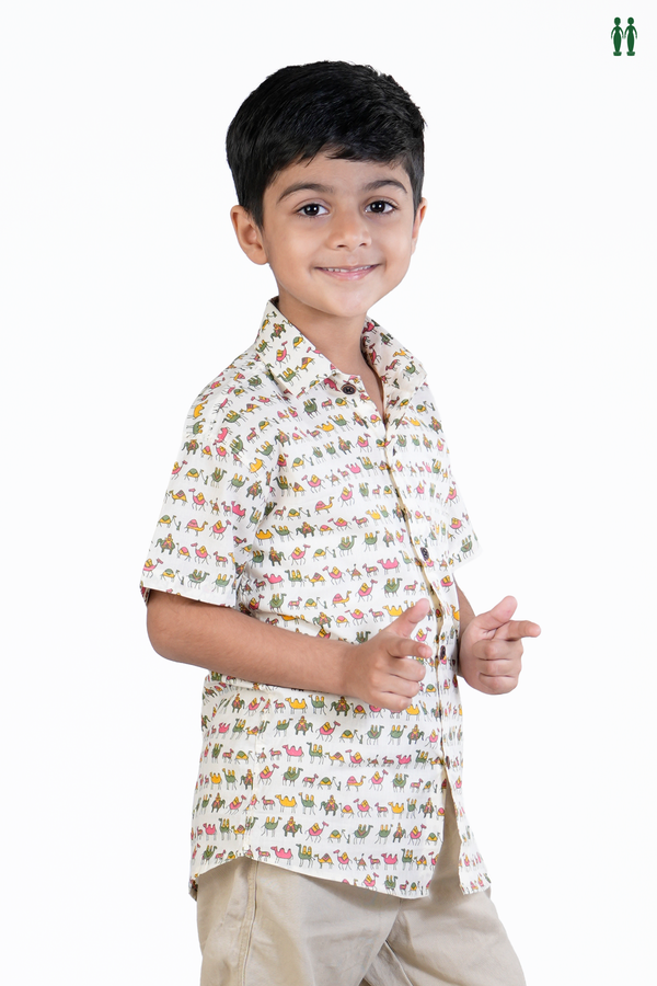 Regular Collar Printed Design White Cotton Shirt