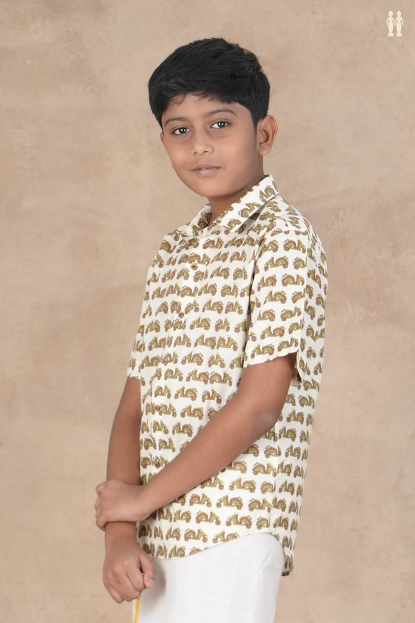 Regular Collar Printed Design White Cotton Shirt