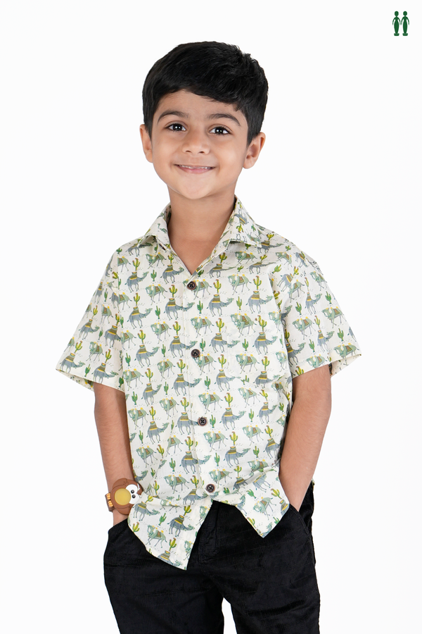 Regular Collar Printed Design White Cotton Shirt