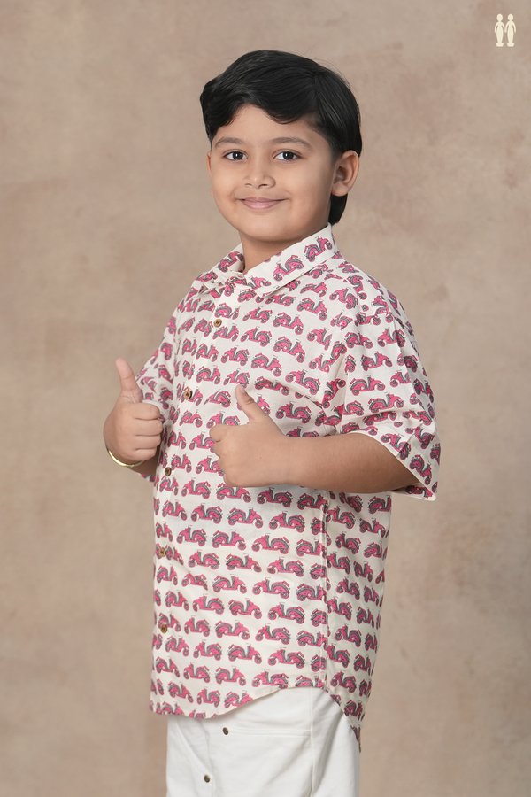 Regular Collar Printed Design White Cotton Shirt