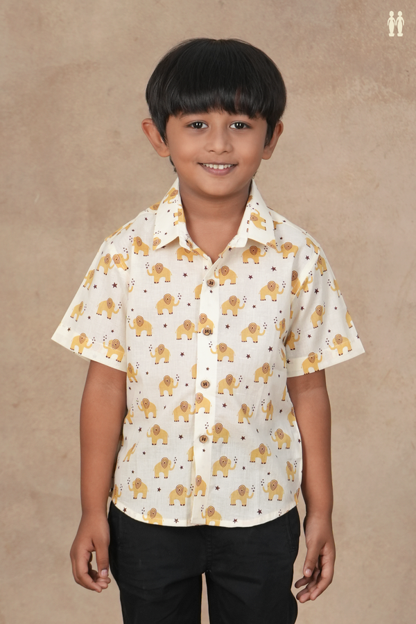 Regular Collar Printed Design White Cotton Shirt