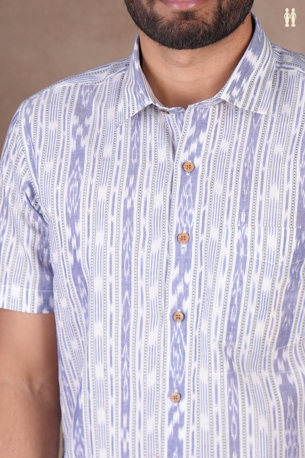 Regular Collar Printed Design White Ikat Cotton Shirt