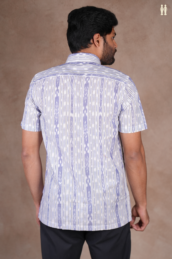 Regular Collar Printed Design White Ikat Cotton Shirt