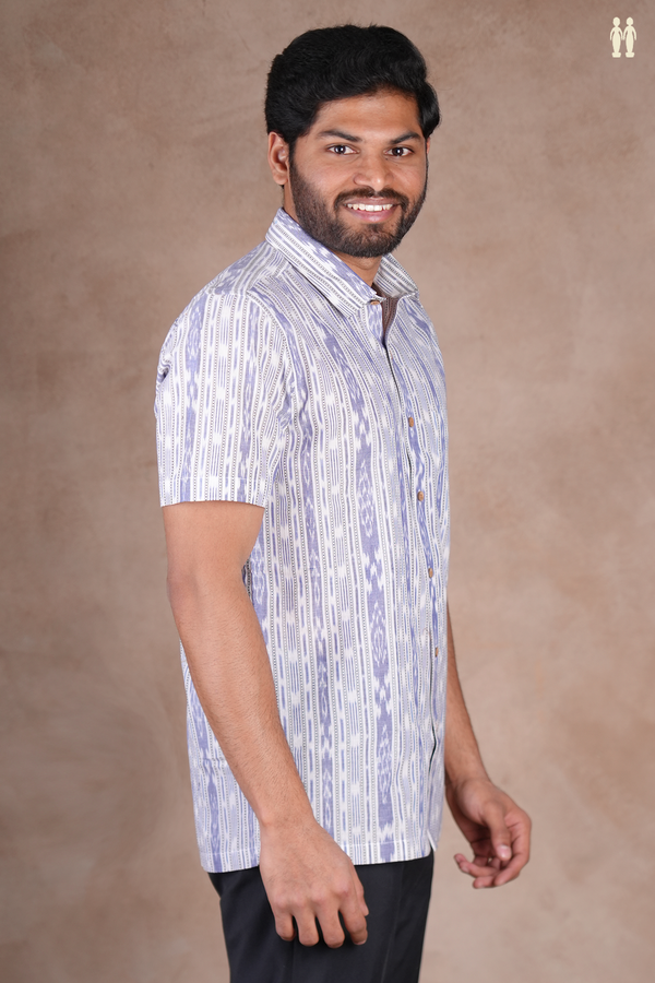Regular Collar Printed Design White Ikat Cotton Shirt