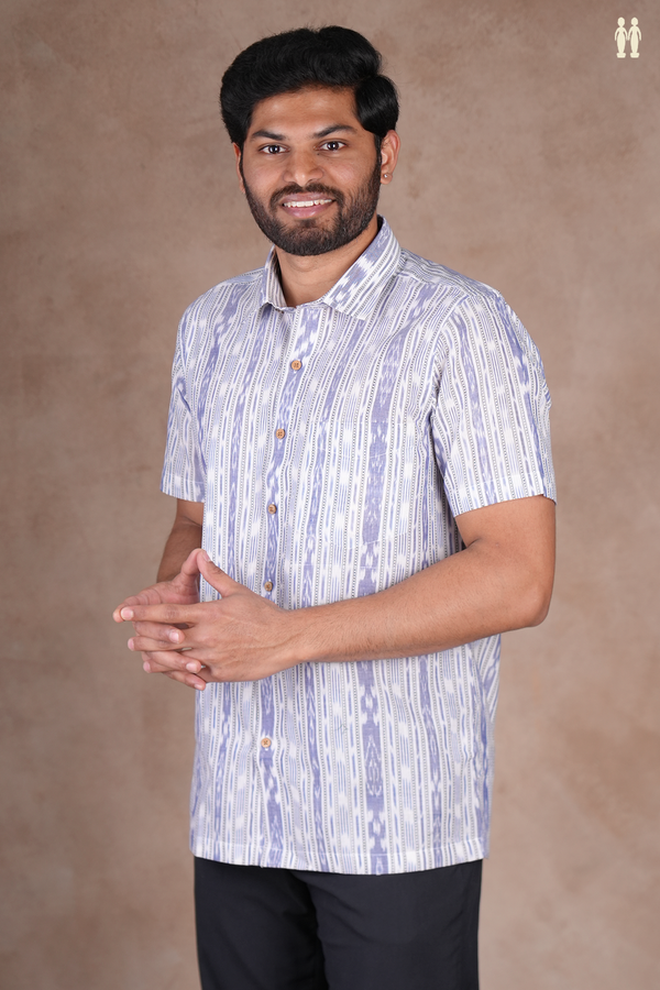 Regular Collar Printed Design White Ikat Cotton Shirt
