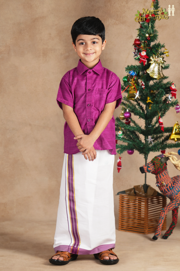 Regular Collar Purple Cotton Shirt With Velcro Dhoti Set