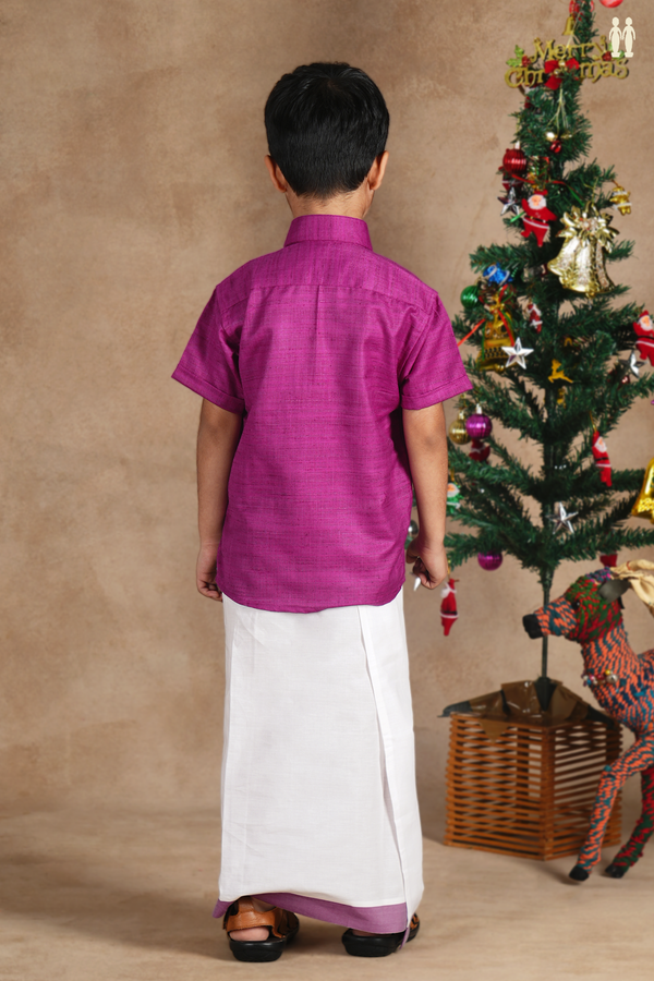 Regular Collar Purple Cotton Shirt With Velcro Dhoti Set