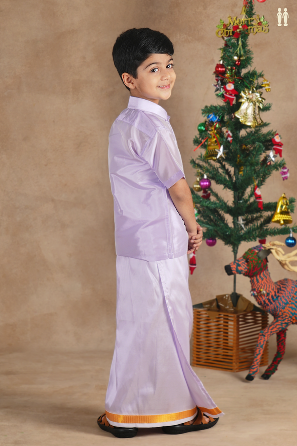 Regular Collar Purple Silk Shirt With Velcro Dhoti Set