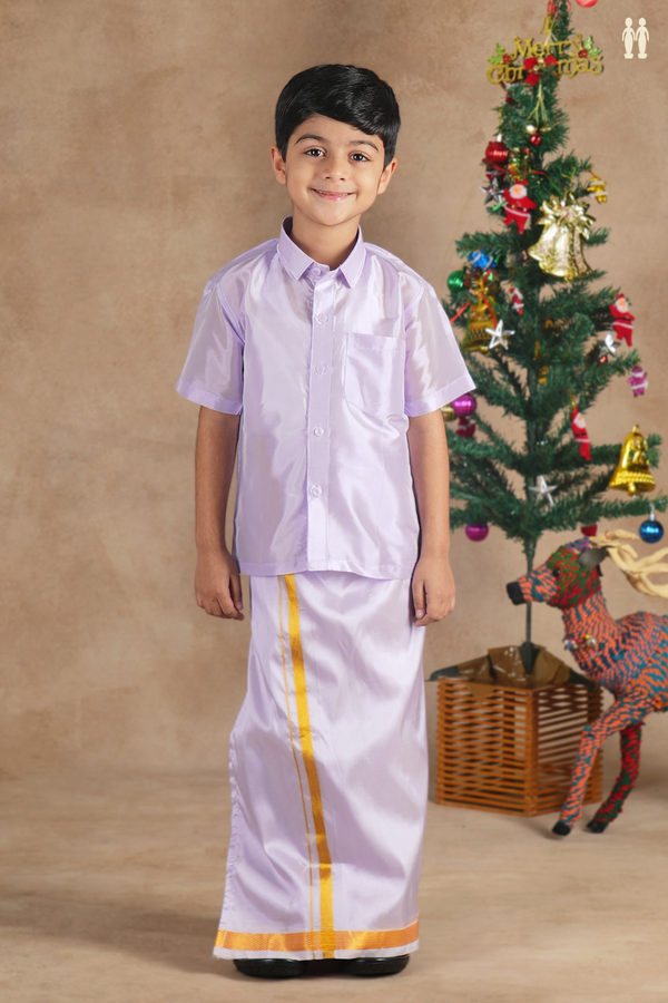 Regular Collar Purple Silk Shirt With Velcro Dhoti Set
