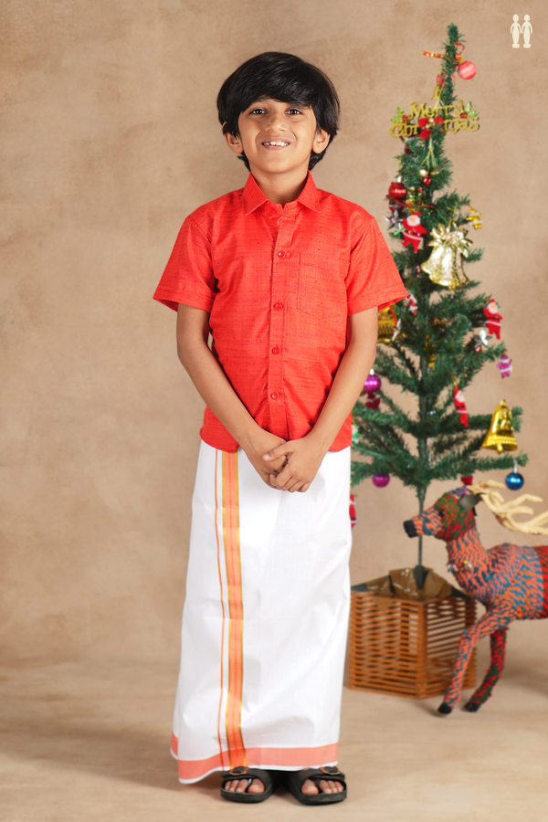 Regular Collar Red Cotton Shirt With Velcro Dhoti Set