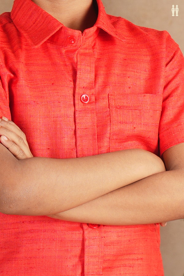 Regular Collar Red Cotton Shirt With Velcro Dhoti Set