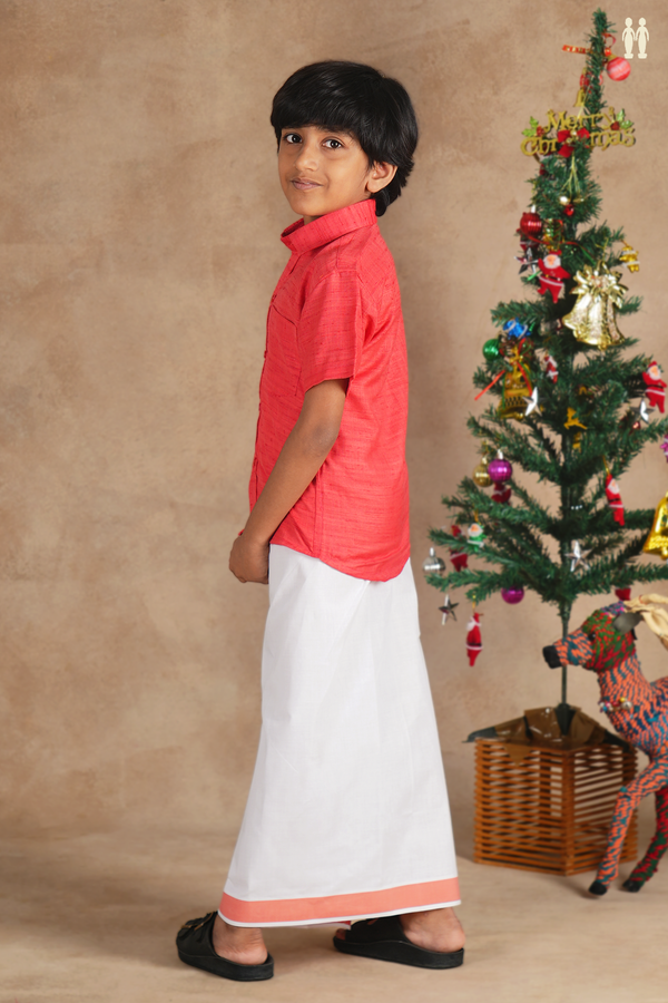 Regular Collar Red Cotton Shirt With Velcro Dhoti Set