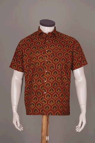 Regular Collar Rust Red Ajrakh Printed Cotton Shirt