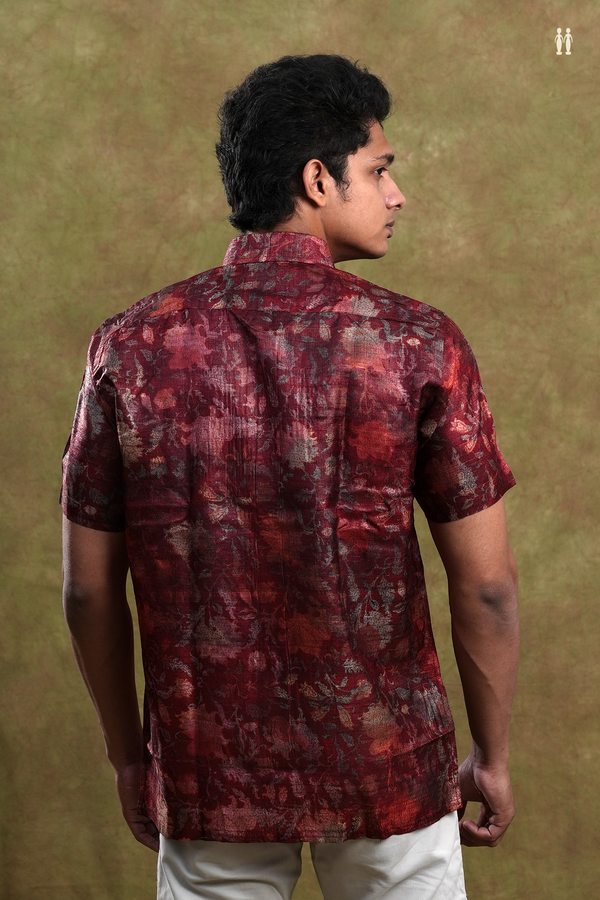 Regular Collar Shades Of Red Tussar Silk Shirt