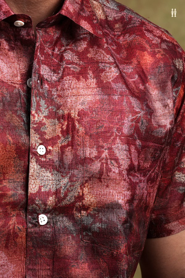 Regular Collar Shades Of Red Tussar Silk Shirt