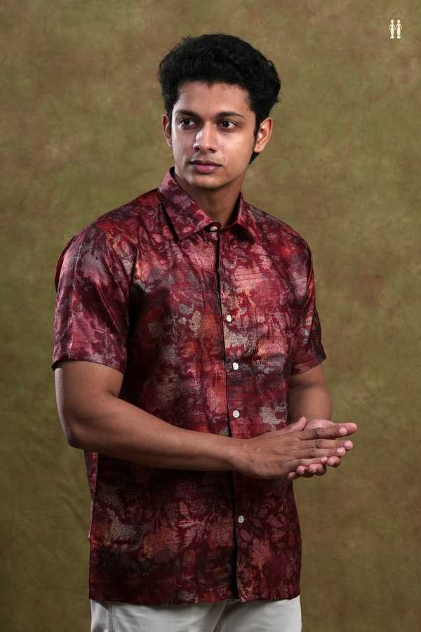 Regular Collar Shades Of Red Tussar Silk Shirt