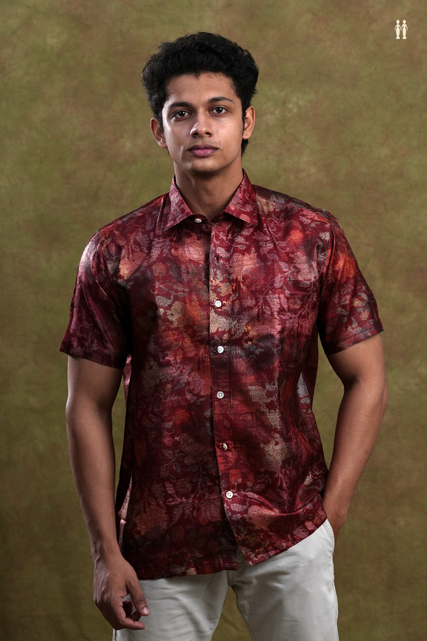 Regular Collar Shades Of Red Tussar Silk Shirt