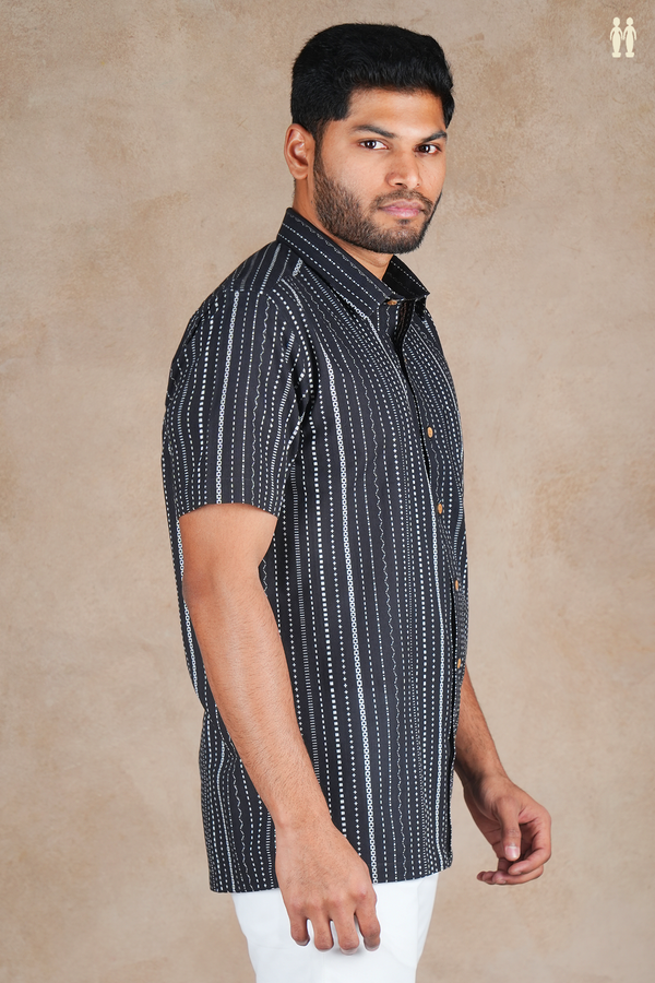 Regular Collar Stripes Design Black Cotton Shirt
