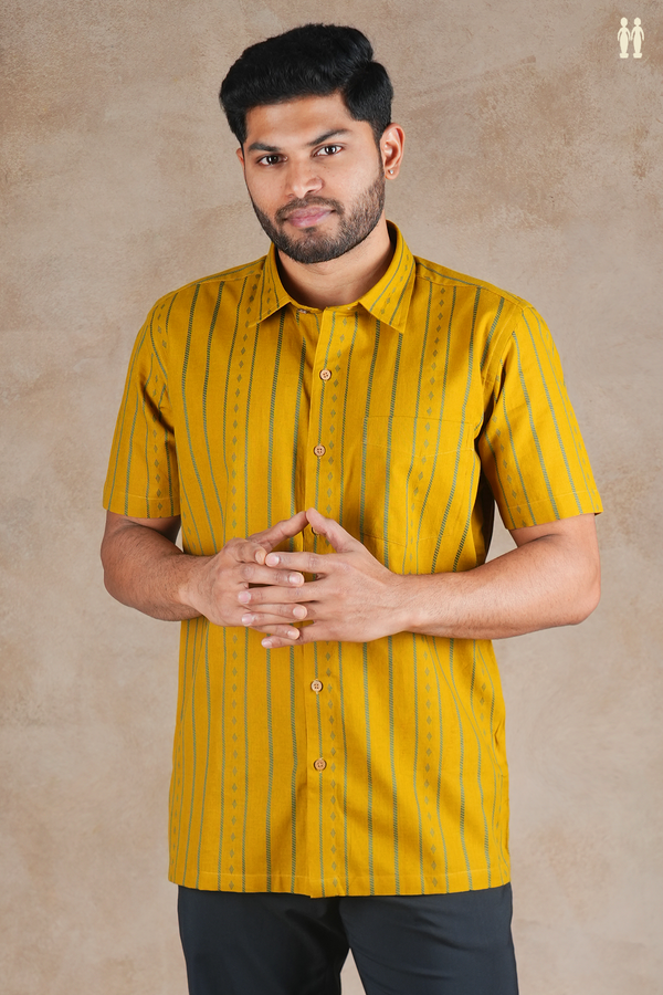 Regular Collar Stripes Design Golden Brown Cotton Shirt