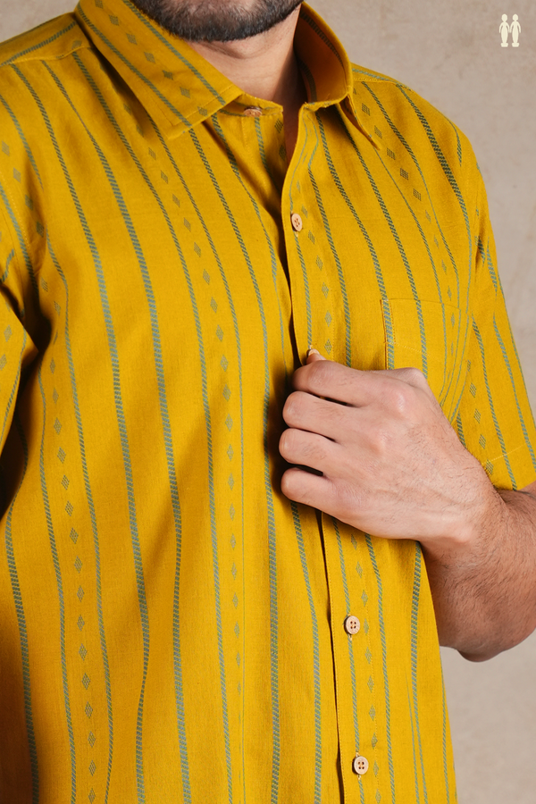 Regular Collar Stripes Design Golden Brown Cotton Shirt