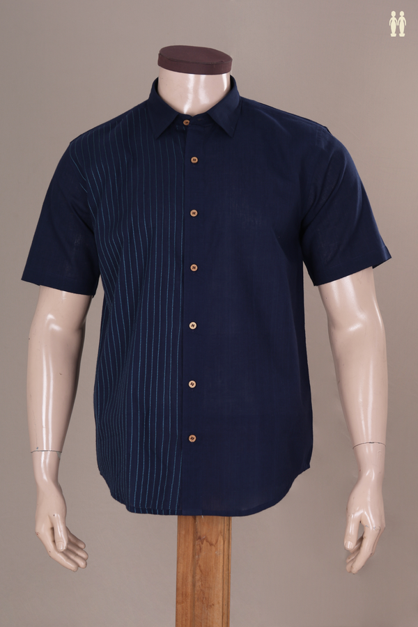 Regular Collar Stripes Design Navy Blue Cotton Shirt