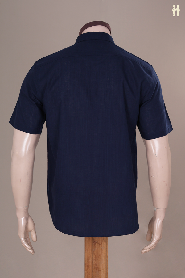 Regular Collar Stripes Design Navy Blue Cotton Shirt