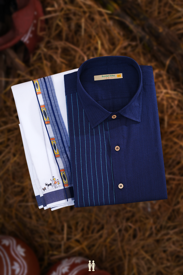 Regular Collar Stripes Design Navy Blue Shirt With Dhoti Set