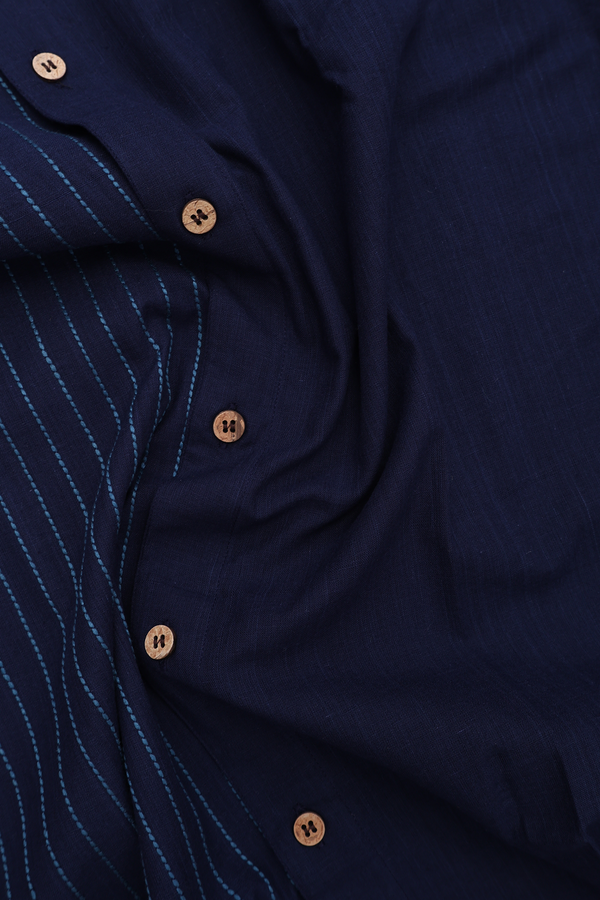 Regular Collar Stripes Design Navy Blue Shirt With Dhoti Set