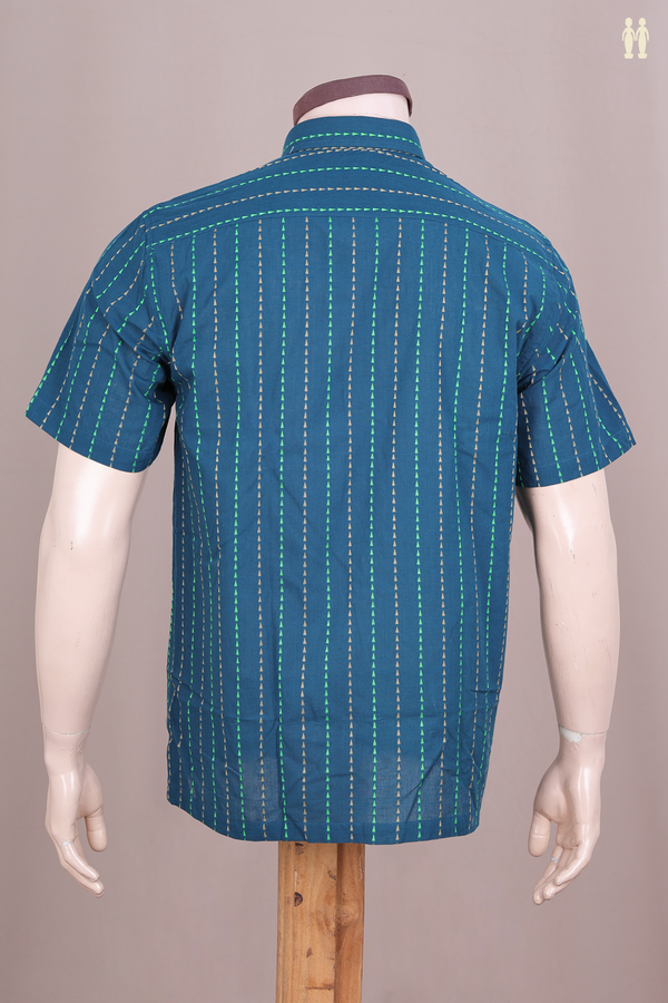 Regular Collar Stripes Design Prussian Blue Cotton Shirt