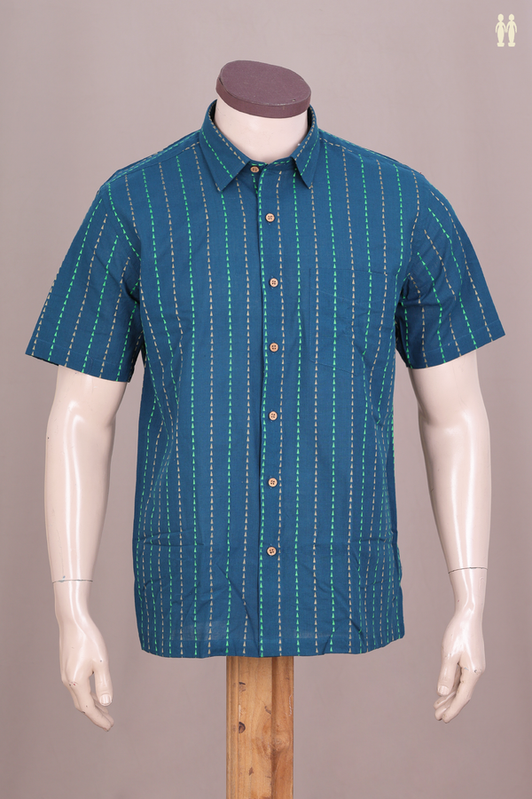 Regular Collar Stripes Design Prussian Blue Cotton Shirt
